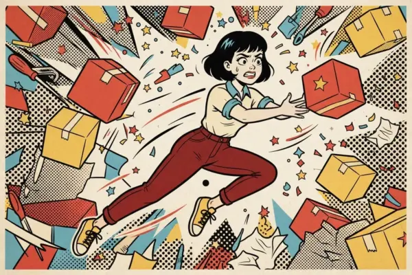Ilustración de una joven saltando en el aire entre cajas y objetos volando, en una escena de caos con estilo de cómic retro.