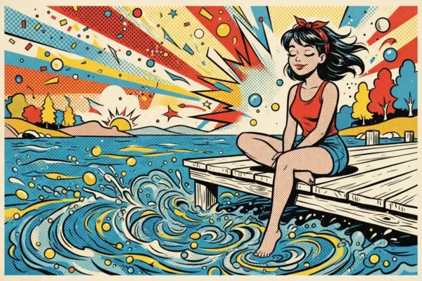 Ilustración de una chica sentada tranquila al borde de un muelle, con los pies en el agua, al atardecer.