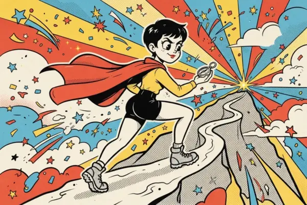 Ilustración de una joven con capa corriendo cuesta arriba por un sendero de montaña con una brújula en la mano.