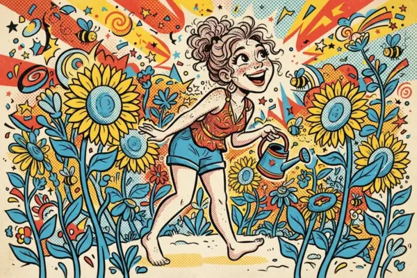 Ilustración de una joven sonriente regando girasoles en un jardín lleno de flores y abejas.
