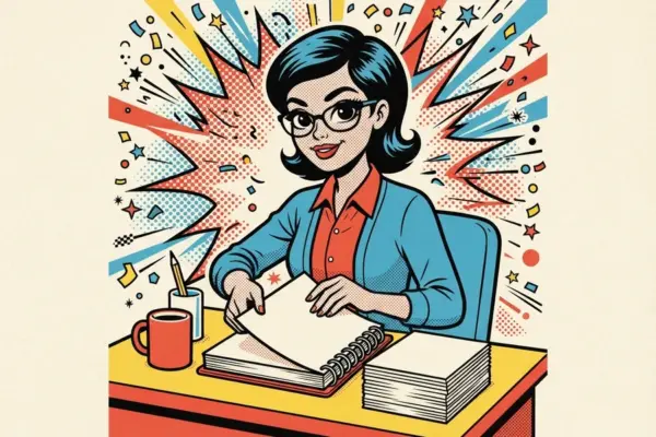 Comic-style illustration of a woman at a desk writing in a notebook with a cup of coffee.