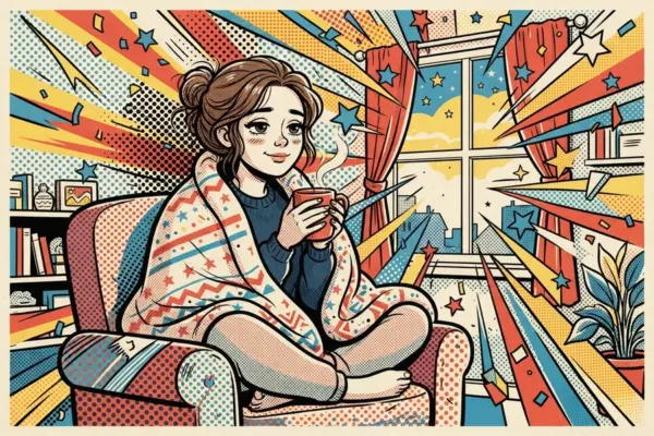 Ilustración de una joven envuelta en una manta en un sillón, sosteniendo una bebida caliente junto a una ventana.