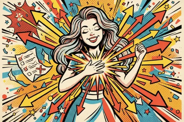 Comic-style illustration of a woman with her eyes closed and a hand on her chest, surrounded by bursting arrows, with a crossed-out checklist beside her.