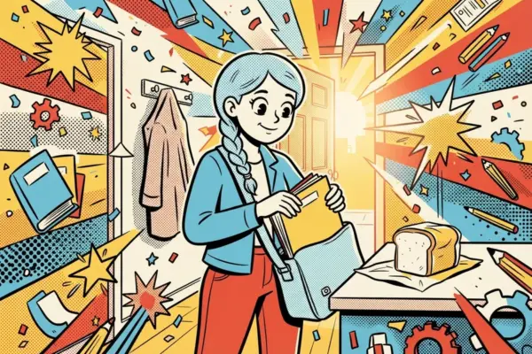 Una persona guarda documentos en una bolsa junto a una puerta abierta iluminada, con una barra de pan sobre la mesa.