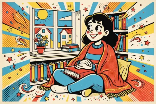 Девушка в полосатом свитере сидит на полу в пледе среди книжных полок с книгой на коленях, за окном солнце и дома.