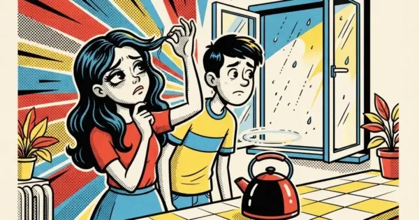 Comic-style illustration of a woman examining a strand of her hair, a worried young man beside her, kettle on the counter and rain streaking the open door behind them.