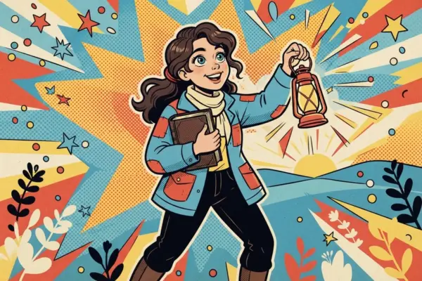 Ilustración de una joven caminando con un libro bajo el brazo y un farol encendido en la mano.