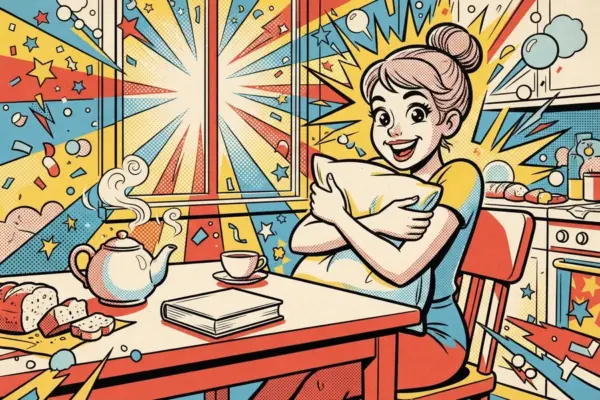 Ilustración de una joven sonriente abrazando una almohada en una cocina soleada, con una tetera y un libro sobre la mesa.