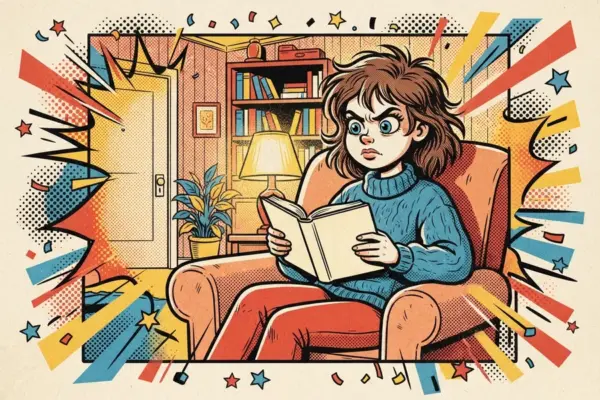 Девушка одна читает книгу в кресле и настороженно смотрит на приоткрывшуюся дверь.