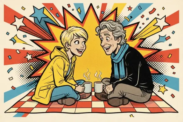 Ilustración de cómic de dos personas sentadas en una manta de cuadros con una taza humeante en las manos, una con chubasquero amarillo y otra con bufanda azul, que se miran y conversan sonriendo.