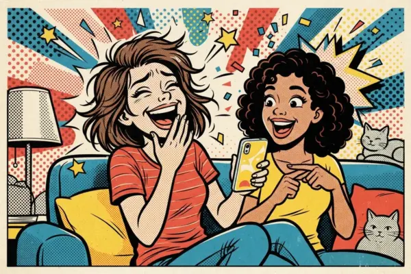 Comic style illustration of two women laughing on a couch while one holds up her phone, with a cat peeking behind them.