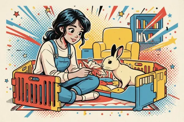 Ilustración de una chica sentada junto a un corralito dando de comer a un conejo.