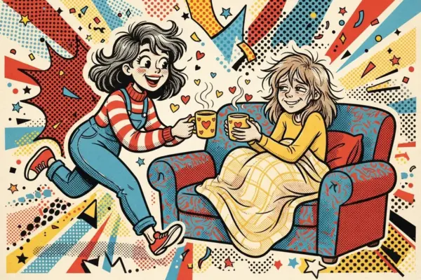 Ilustración de una joven llevando dos tazas humeantes hacia otra persona envuelta en una manta, sentada en un sofá.