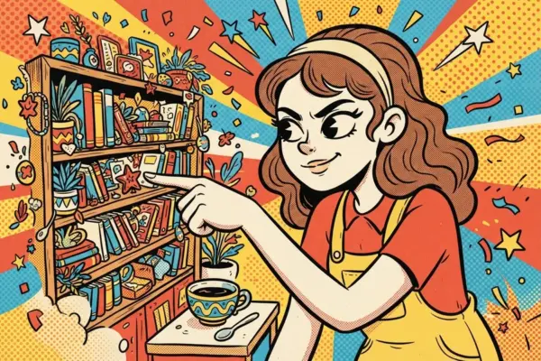 Ilustración de cómic pop de una mujer sonriente que señala con seguridad un punto exacto en una estantería llena de libros y objetos.
