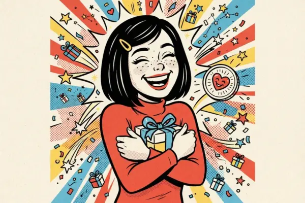 Ilustración de cómic de una joven de pelo negro y pecas que ríe y abraza una caja de regalo con lazo azul, rodeada de confeti, estrellas y pequeños regalos.