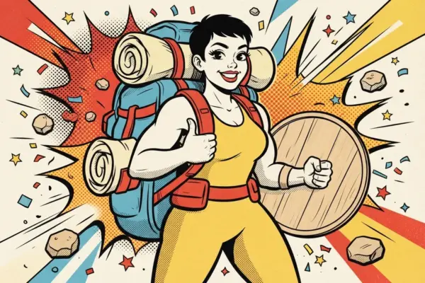 Illustration of a smiling hiker with a large backpack and bedroll, holding a round wooden shield.