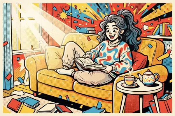 Комикс: женщина уютно читает книгу на диване, поджав ноги, а на столике рядом стоят чашка и чайник.