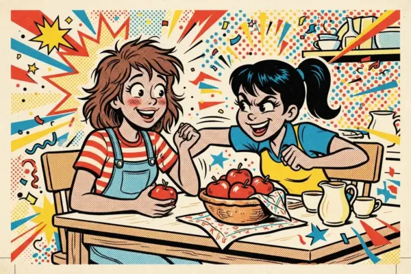 Comic style illustration of two women grinning at each other over a bowl of apples on a kitchen table.