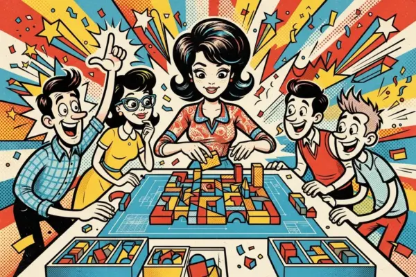Illustration of a person directing a group as they build something together around a table.