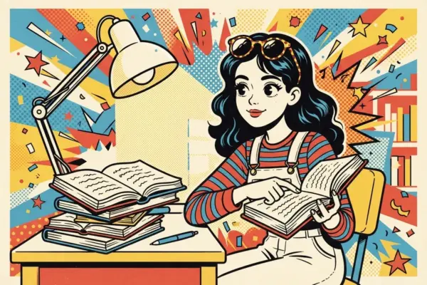 Illustration of a person reading at a desk under a lamp, surrounded by stacked books.