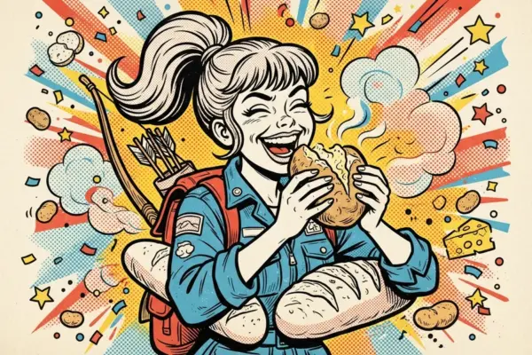 Illustration of a laughing young woman with a bow and arrows on her back, eating bread and holding more food.