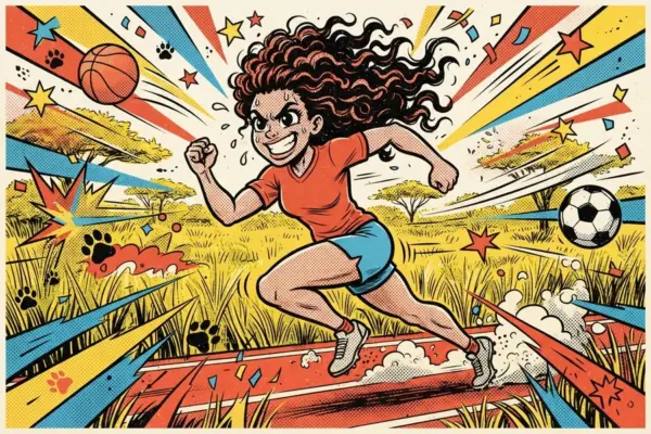 Ilustración de una chica corriendo con fuerza por una pista junto a una sabana, rodeada de balones y huellas de pata.