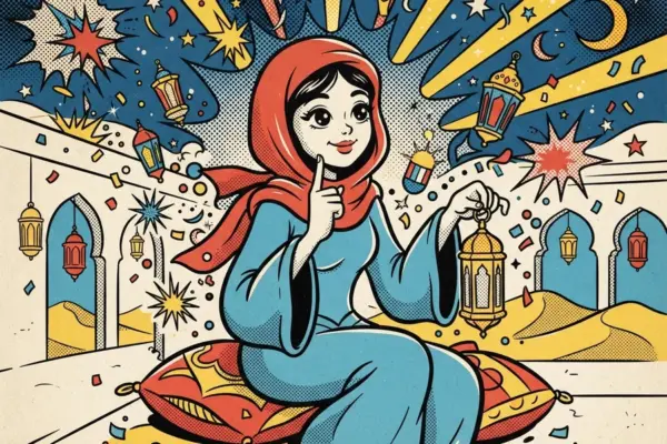 Ilustración de una chica sentada sobre un cojín en el desierto, con lámparas colgantes y dunas al fondo.