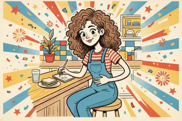 Una persona con el pelo rizado escribe en un cuaderno junto a un sándwich y un vaso de agua.