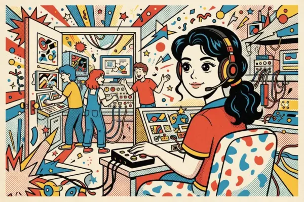 Comic-style illustration of a person at a control desk with a headset, calmly working switches while teammates work behind them.