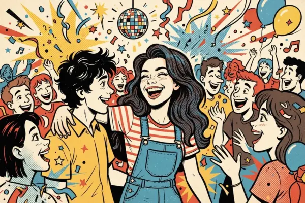 Illustration of a joyful young woman laughing at the center of a cheering, confetti-filled crowd.