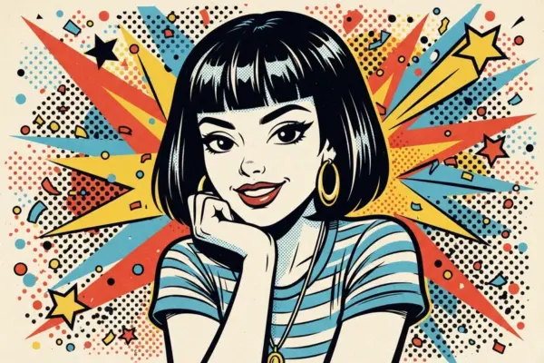 Ilustración pop art de una persona con un corte recto a la altura de la mandíbula y flequillo marcado, con aros dorados.