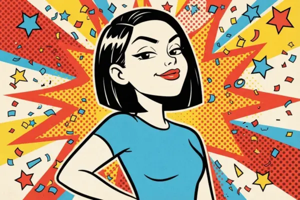 Ilustración pop art de una persona con el pelo oscuro, liso y a la altura de los hombros, con un mechón lateral que le cae sobre la frente.