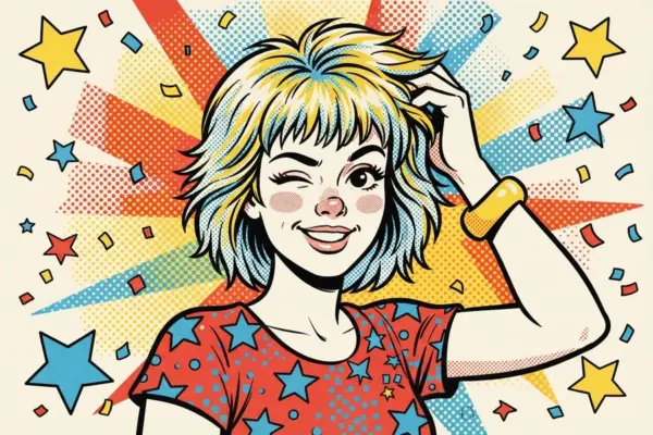 Ilustración pop art de una persona guiñando un ojo, con el pelo rubio, ondulado y despeinado a la altura de la mandíbula, y flequillo.