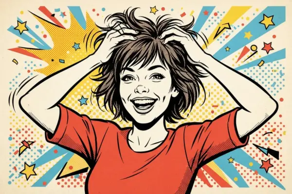 Ilustración pop art de una persona riendo con las manos en el pelo, una melena a la altura de los hombros con capas y mucho movimiento.
