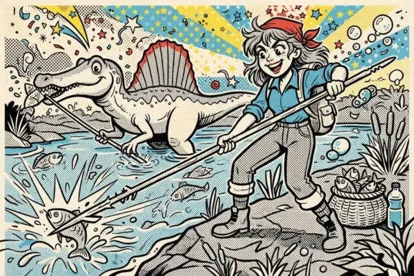 Ilustración de una chica pescando con arpón junto a un spinosaurus en un río.
