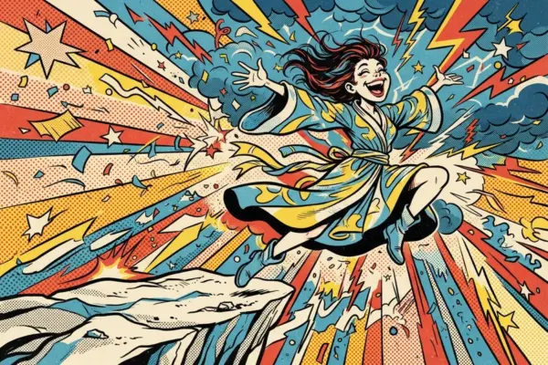 An illustrated girl in a storm-patterned robe leaps joyfully through lightning above a cliff edge.