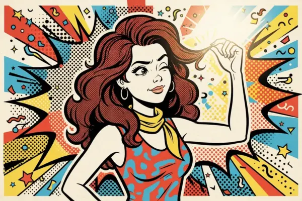 Comic-style illustration of a woman holding up a lock of her hair against bright rays of light.