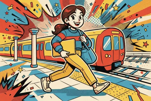 Illustration of a woman walking briskly through a train station, carrying a laptop and a bag as a train waits behind her.
