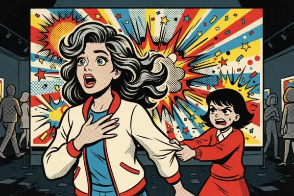 Ilustración pop art de una mujer con una reacción muy expresiva frente a un cuadro abstracto en una galería.