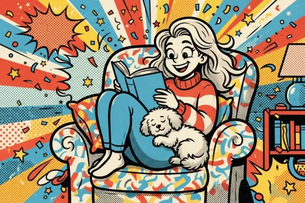 Ілюстрація у стилі ретро-комікса: людина читає книгу в кріслі, а поруч закрутився клубочком маленький пухнастий собака.
