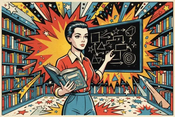 Ilustración pop art de una mujer con un libro en la mano, señalando un esquema con flechas en una pizarra rodeada de estanterías.