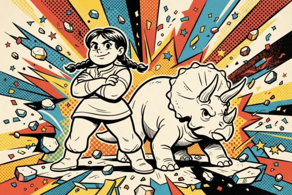 Ilustración de una chica con los brazos cruzados junto a un triceratops, en estilo cómic.