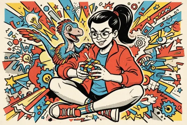 Ilustración de una chica resolviendo un cubo de Rubik junto a un pequeño dinosaurio emplumado sobre su hombro.