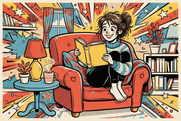Иллюстрация в стиле поп-арт: девушка в красном кресле читает книгу с чашкой чая на столике рядом, вокруг уютная комната с книжными полками.