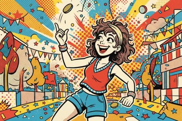 Ilustración de una chica sonriente lanzando una moneda al aire y bailando en una calle de feria diurna con banderines de colores y confeti.