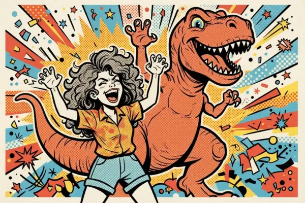 Ilustración de una chica celebrando con los brazos en alto junto a un tiranosaurio rugiendo.