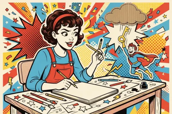 A writer at a drawing desk watching a small superhero figure descend from a cloud holding a golden key.