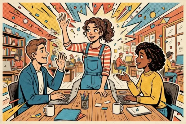 A woman high-fiving one coworker while turning to talk with another at a shared desk.