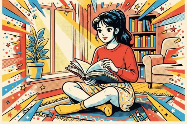 Девушка сидит на полу с книгой у окна рядом с книжной полкой.