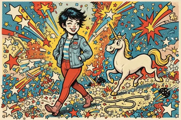 Ilustración pop-art de un chico sonriente caminando junto a un unicornio blanco que trota a su lado, entre estrellas y flores sobre un fondo de colores brillantes.